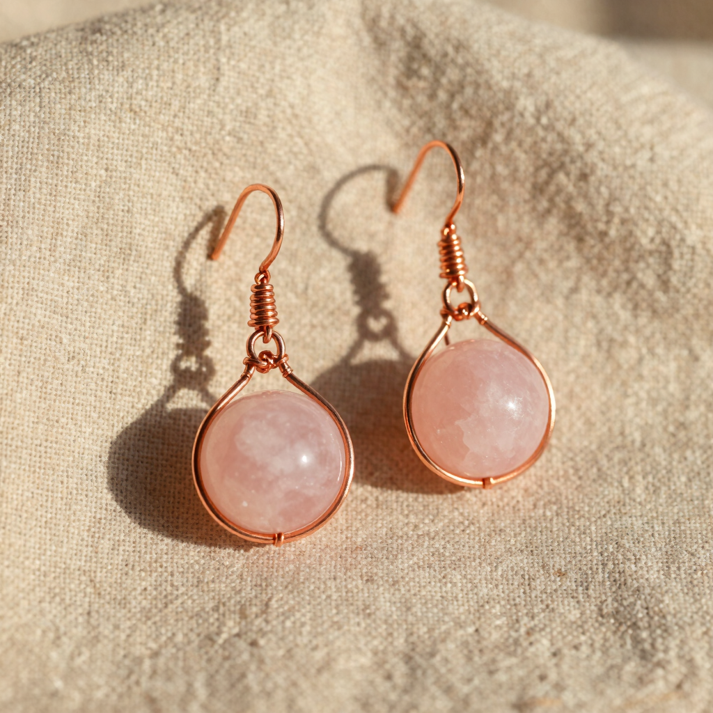 Brincos Pendentes de Cobre e Quartzo Rosa