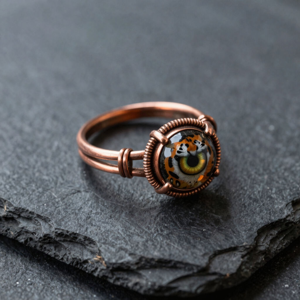 Anel de Cobre Espiral com Olho de Tigre