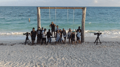 Sarah Hamilton with Film Crew in Freeport Grand Bahama