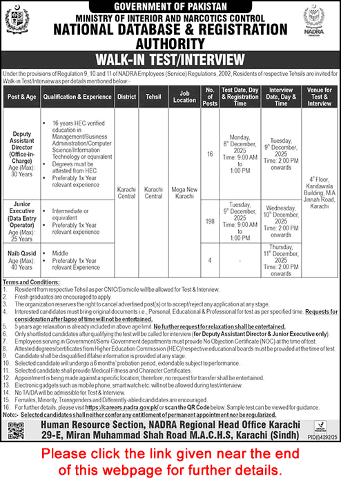 Latest NADRA Jobs November 2025 Karachi Central – Junior Executives, Deputy Assistant Directors & Na