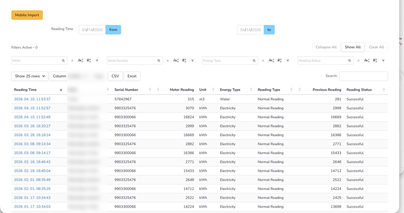 Readings list in the Snapmeter web portal