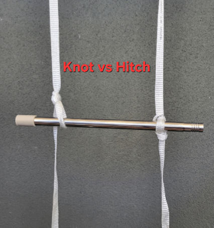 Animated demonstration of an electrician comparing a knot and a hitch in mule tape.