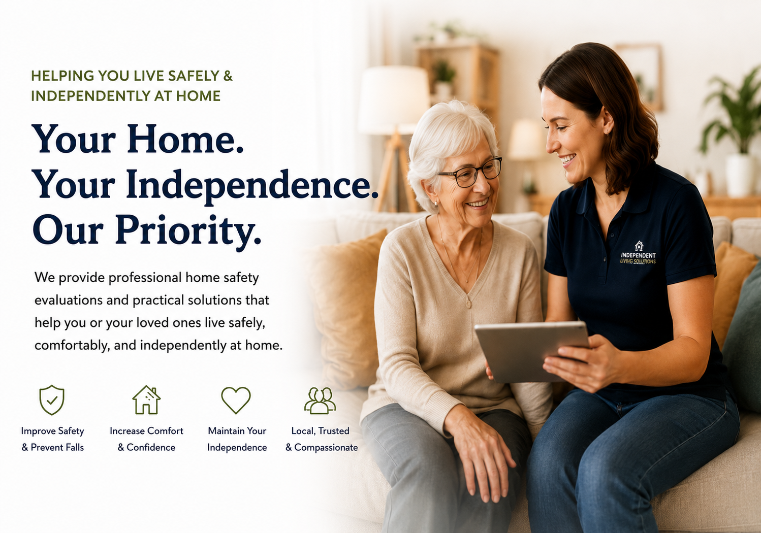 A home safety professional using a tablet to help a senior woman with aging in place solutions.