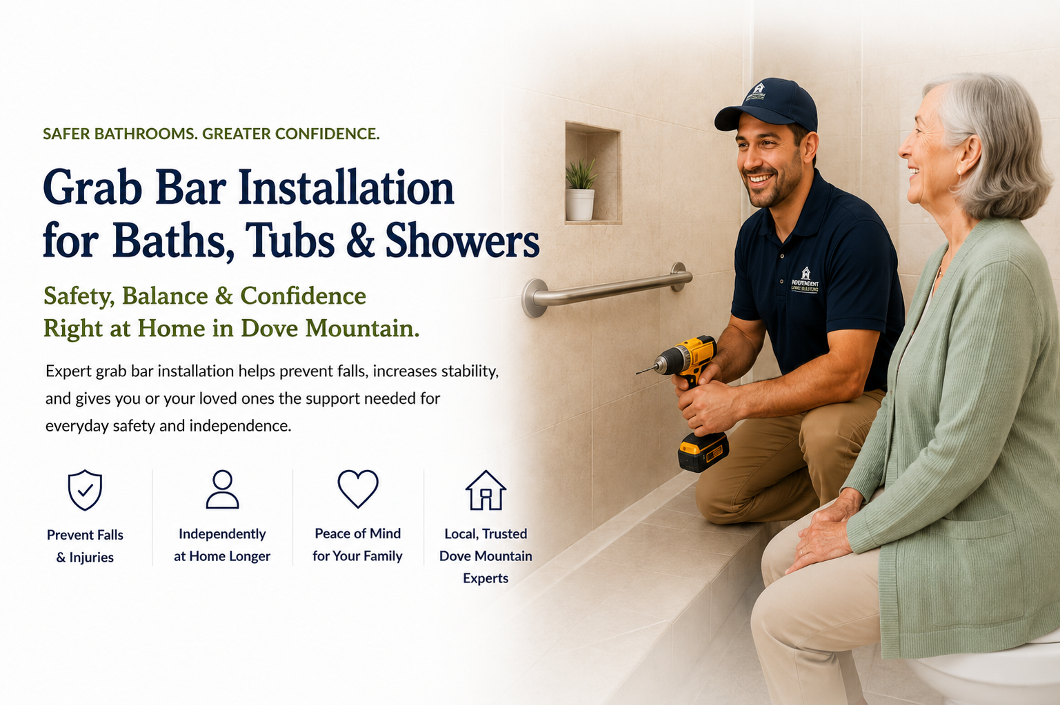 Professional grab bar installation for bathrooms, tubs and showers for seniors in Dove Mountain.