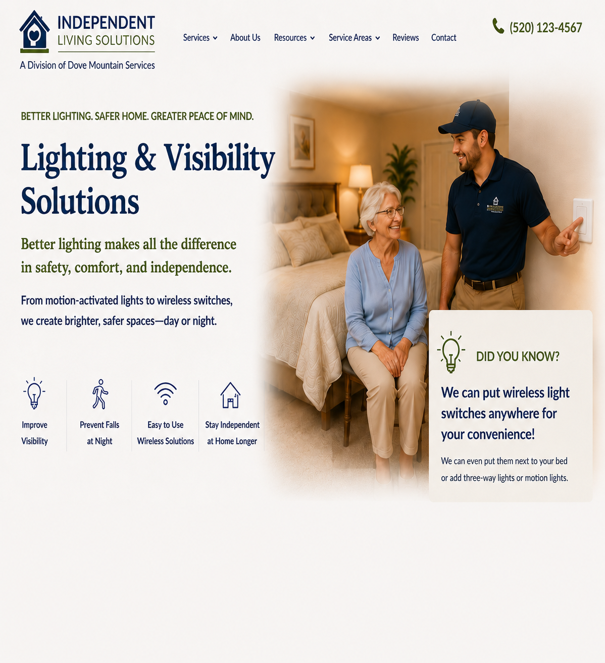 Technician installing wireless light switches for a senior woman to improve home safety and visibility.