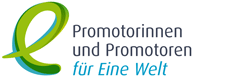 Logo of 'Promotorinnen und Promotoren für Eine Welt' (Promoters for One World), featuring a green stylized 'e' and blue text.