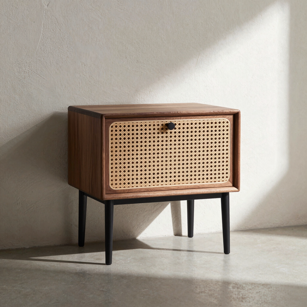 Acre Walnut and Rattan Nightstand