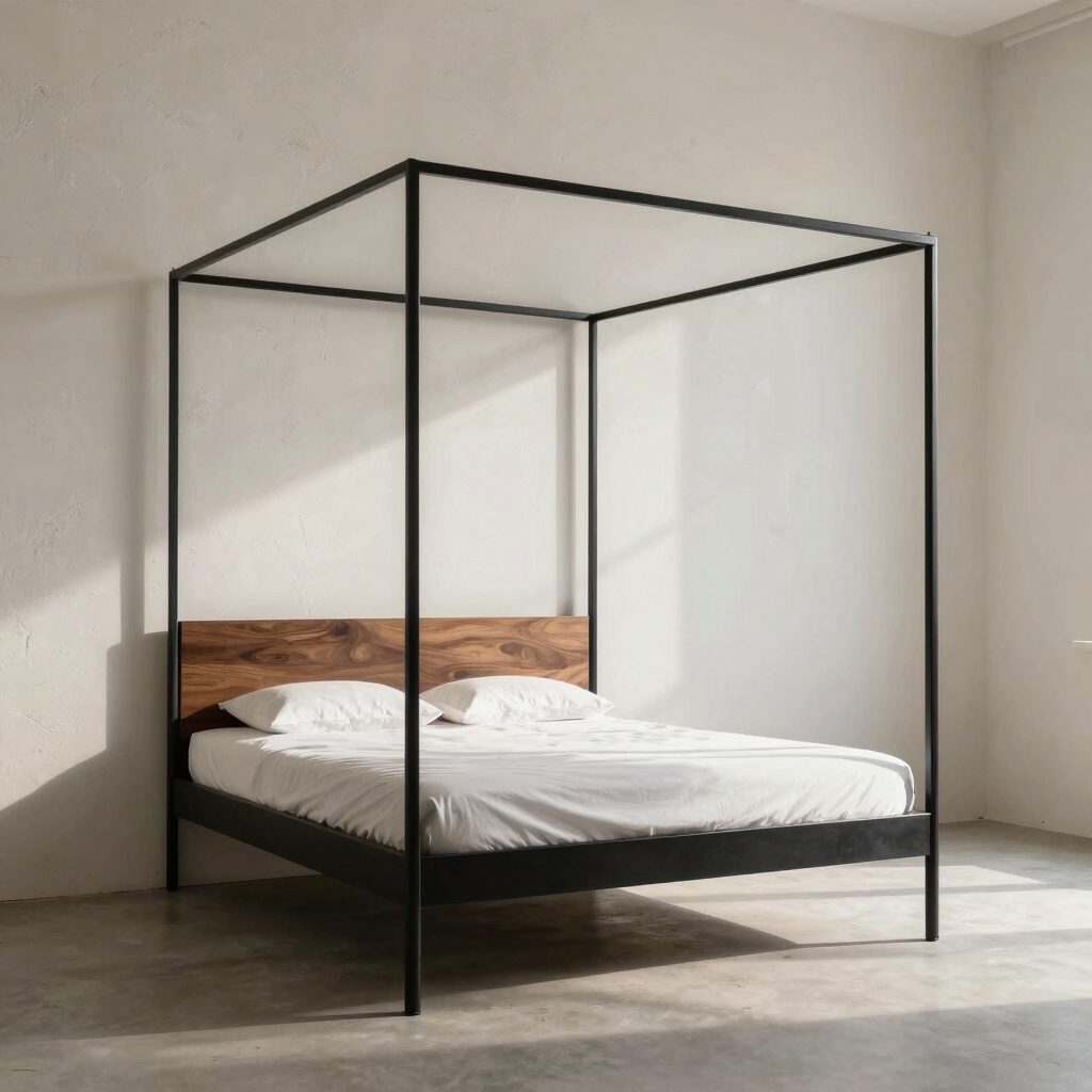 Keel Walnut and Steel Canopy Bed