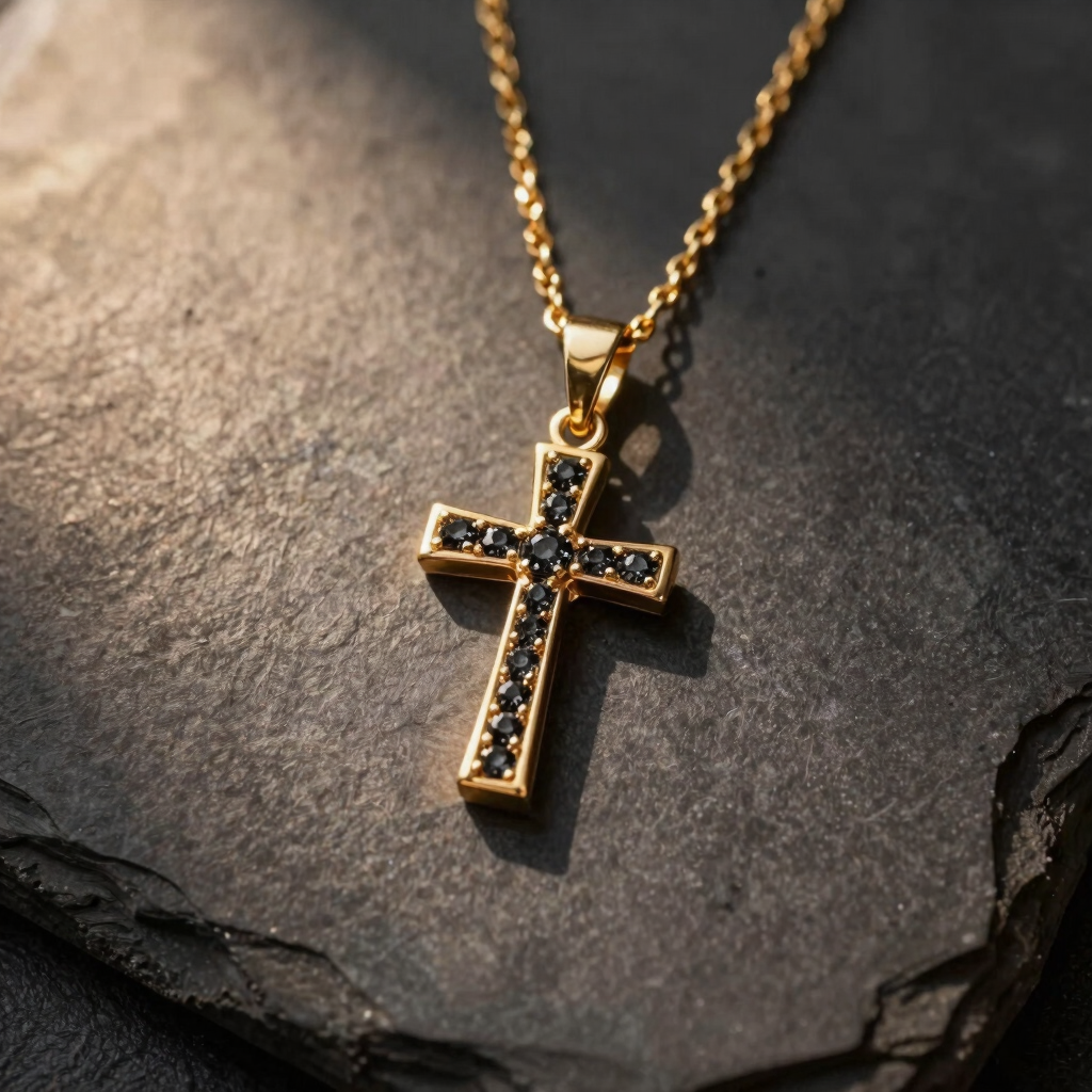 Colgante Cruz de Oro y Diamantes Negros