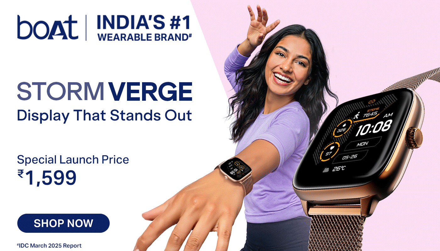 boAt Storm Verge smartwatch banner featuring a rose gold fitness tracker and launch price of 1599.