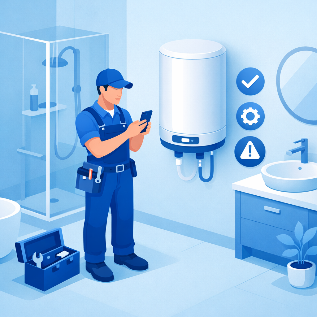 Plombier chauffagiste réalisant le diagnostic d’un chauffe-eau électrique dans une salle de bain moderne