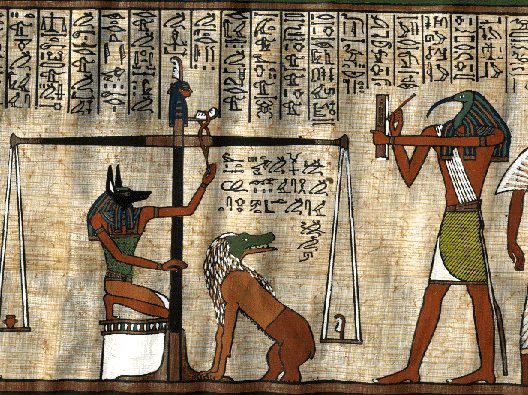Scène issue du papyrus d'Hounefer montrant la pesée du cœur lors du jugement de l'âme