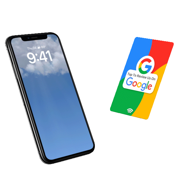 Customer tapping phone with NFC business review card to leave Google review.