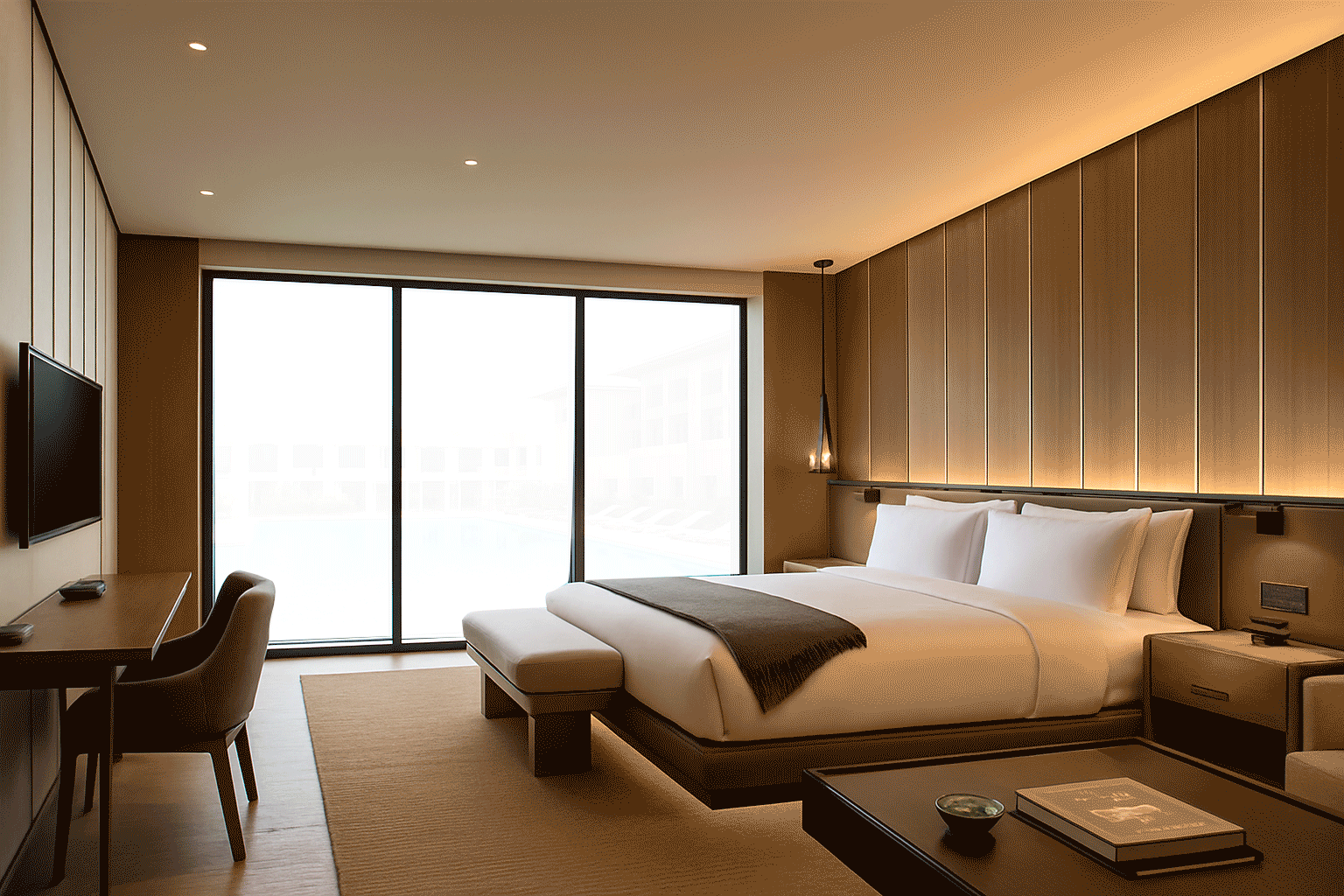 Suite hotel di lusso con vetrata trasparente e vista piscina