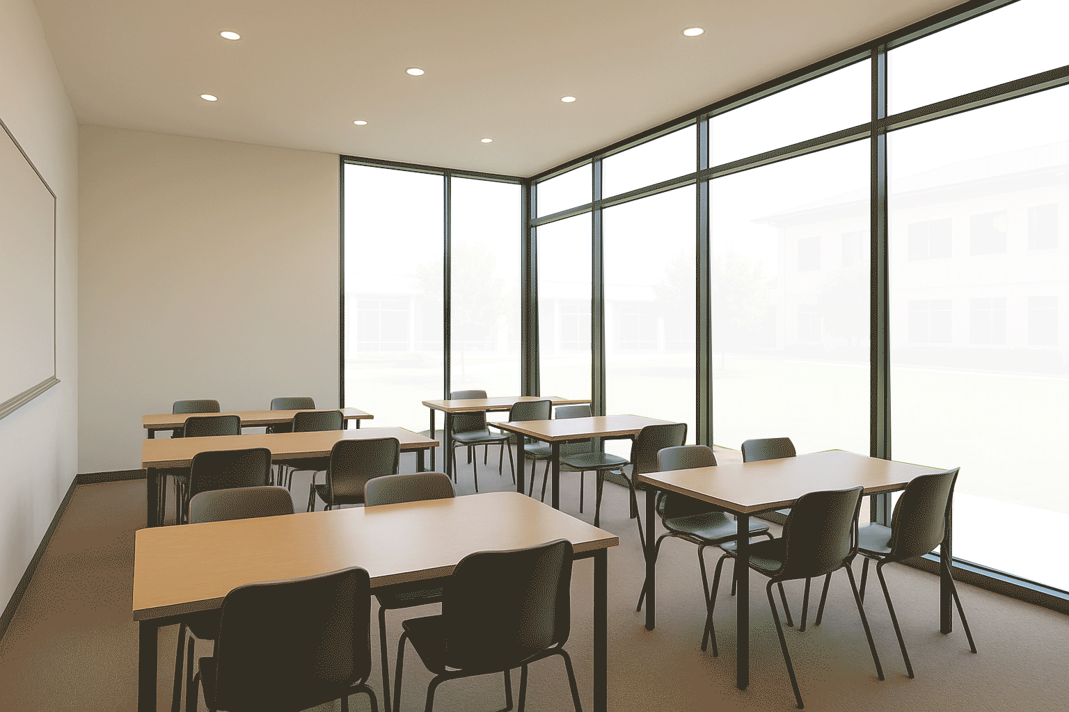 Aula scolastica moderna con ampie vetrate trasparenti e luce naturale