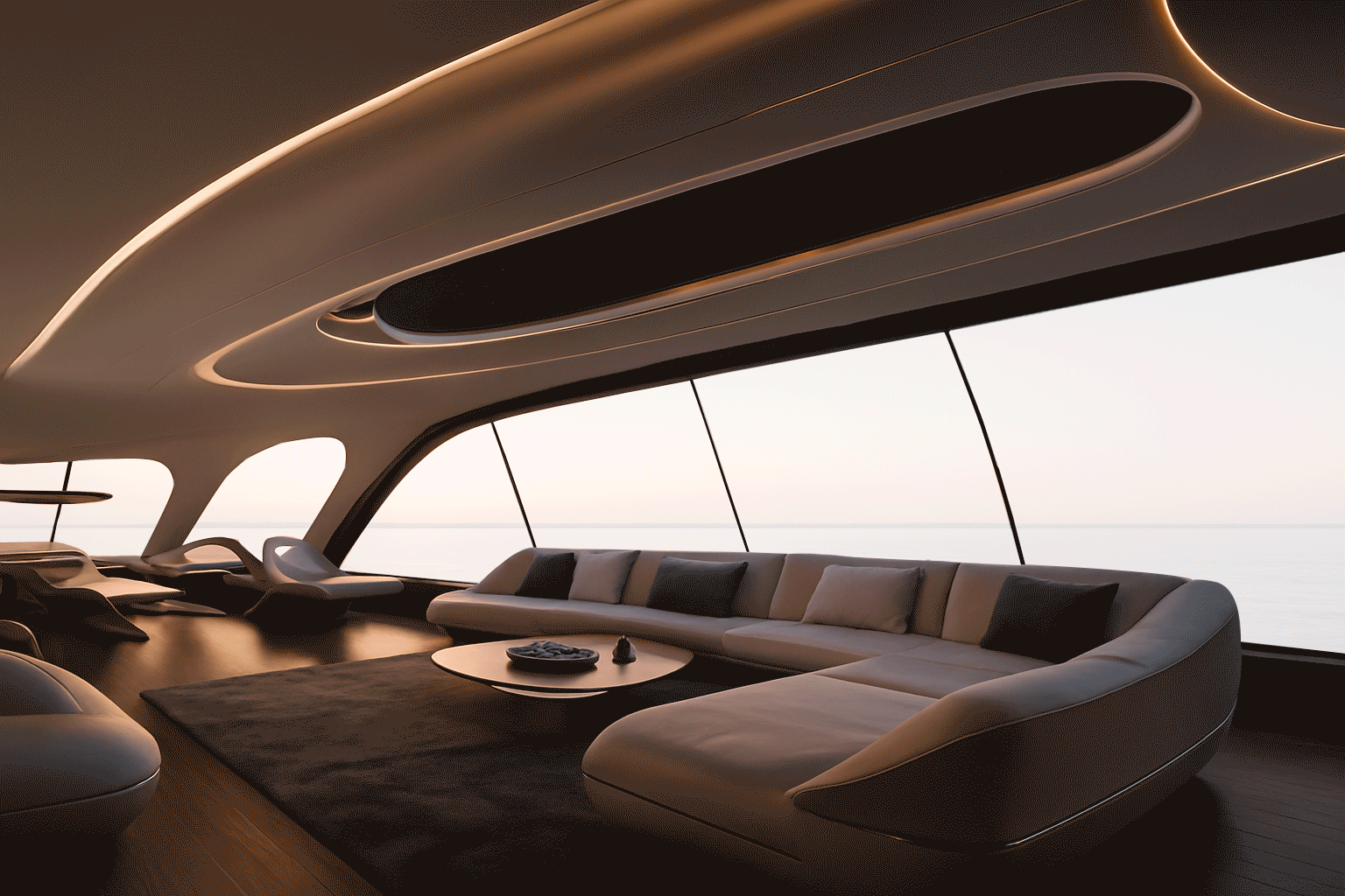 Interno di yacht di lusso con vetrate trasparenti vista mare