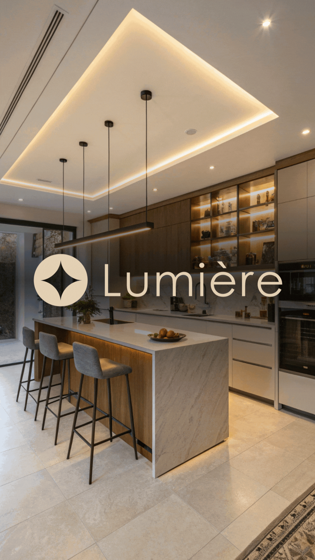 Área gourmet elegante ao entardecer, bancadas de madeira e pedra, iluminação pendente e logo Lumière