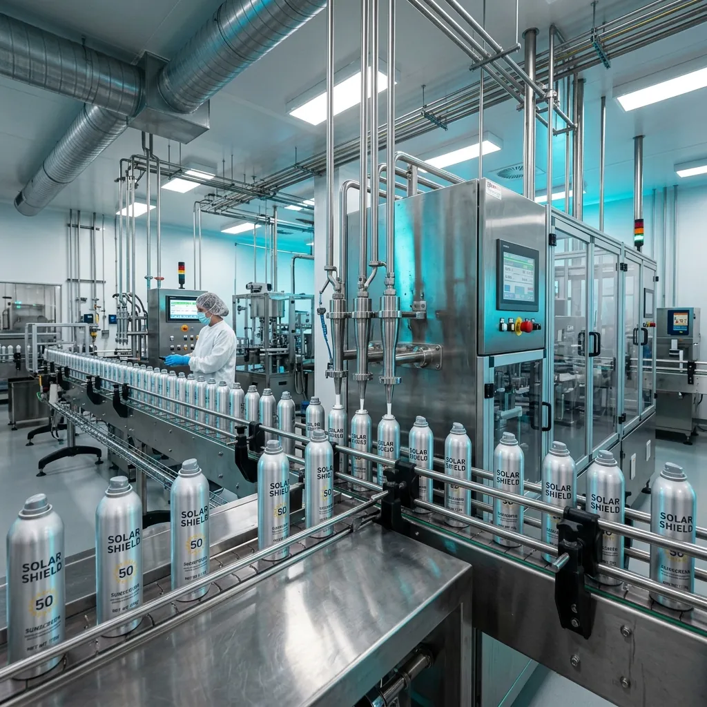 Automated cosmetic aerosol pressure filling machinery line in operation.