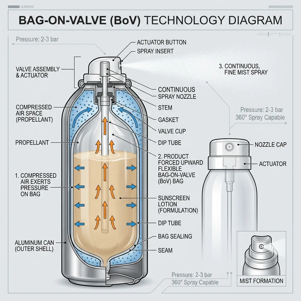 Detailed schematic diagram of Bag-on-Valve (BoV) continuous spray sunscreen packaging.