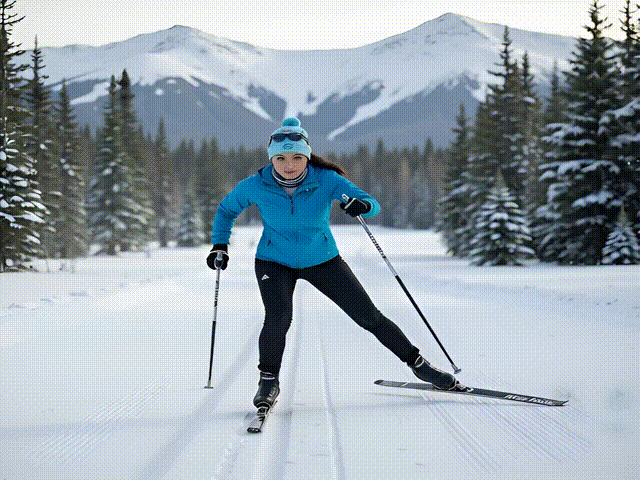 A video of a woman cross country skiing wearing black pants and a blue jacket.