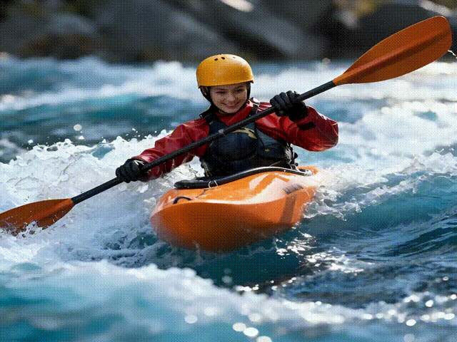 A video of a woman in an orange kayak paddling down a wild river.