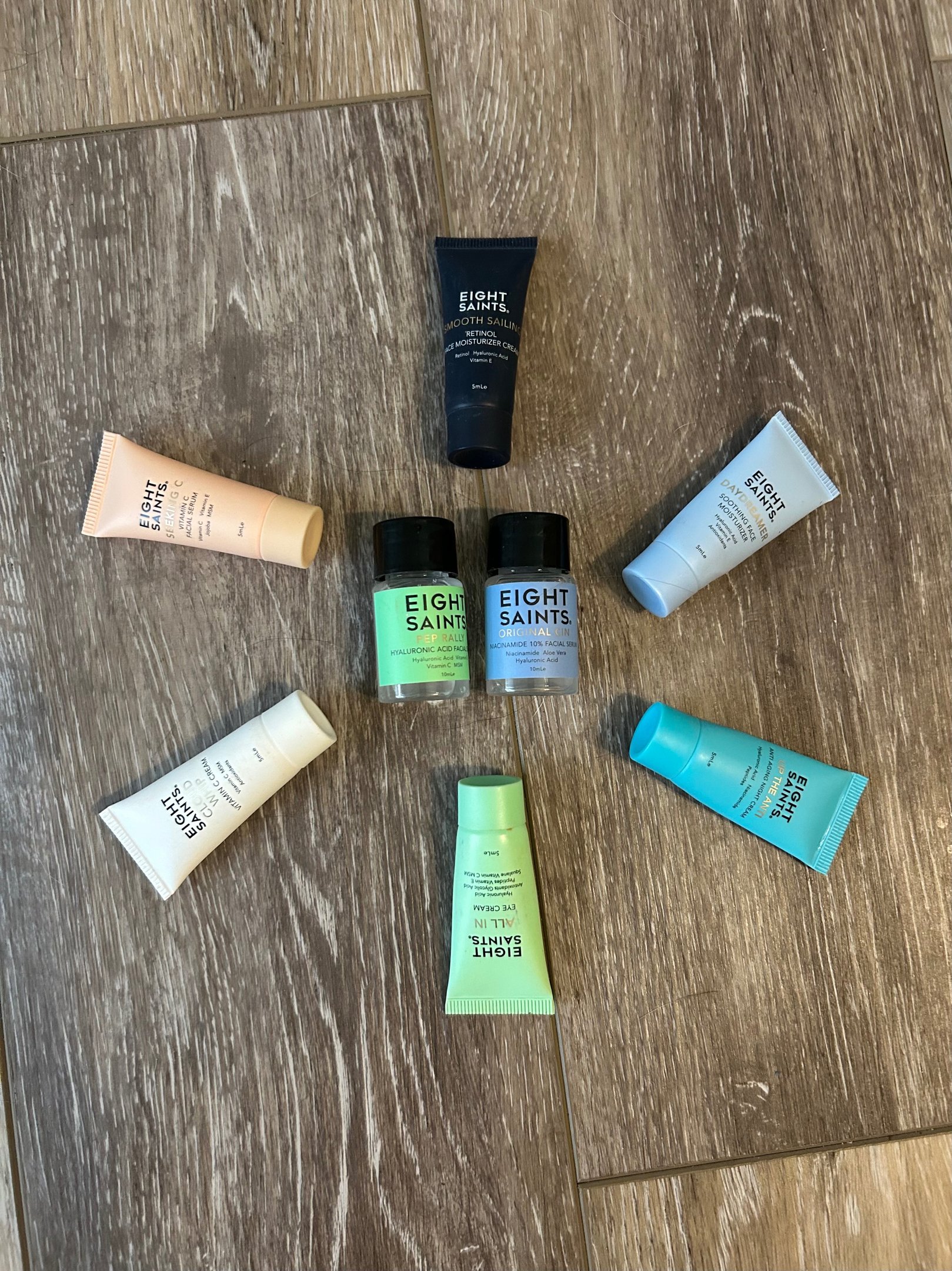 Brandyโs Eight Saints skincare favorites arranged on vanity.