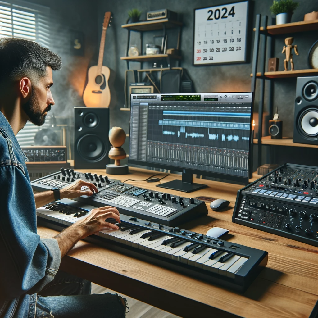 a man working music with a keyboard on the pc