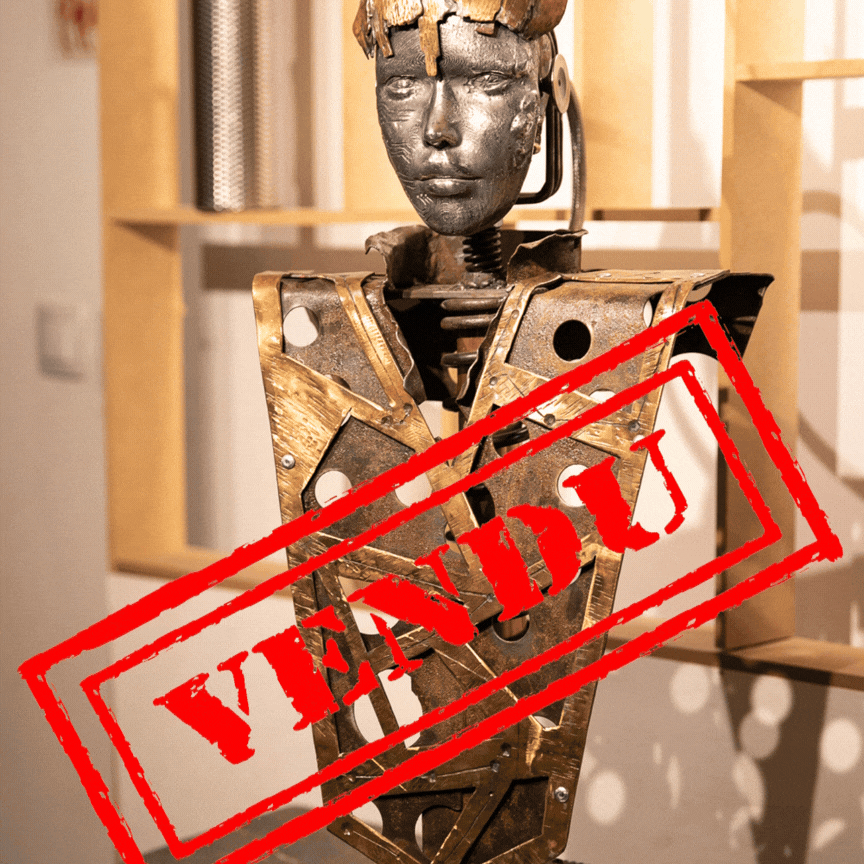 sculpture metal syeampunk retrofuturiste d'un voyageur stellaire vagabons des etoiles cuivre alu etain patiné oxydé