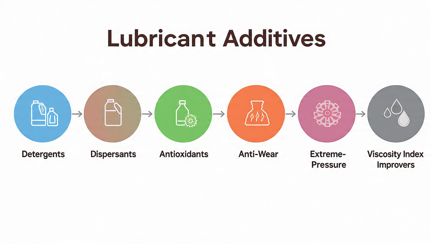 Infographic showing chemical additive functions: detergents, dispersants, anti-wear agents, and antioxidants