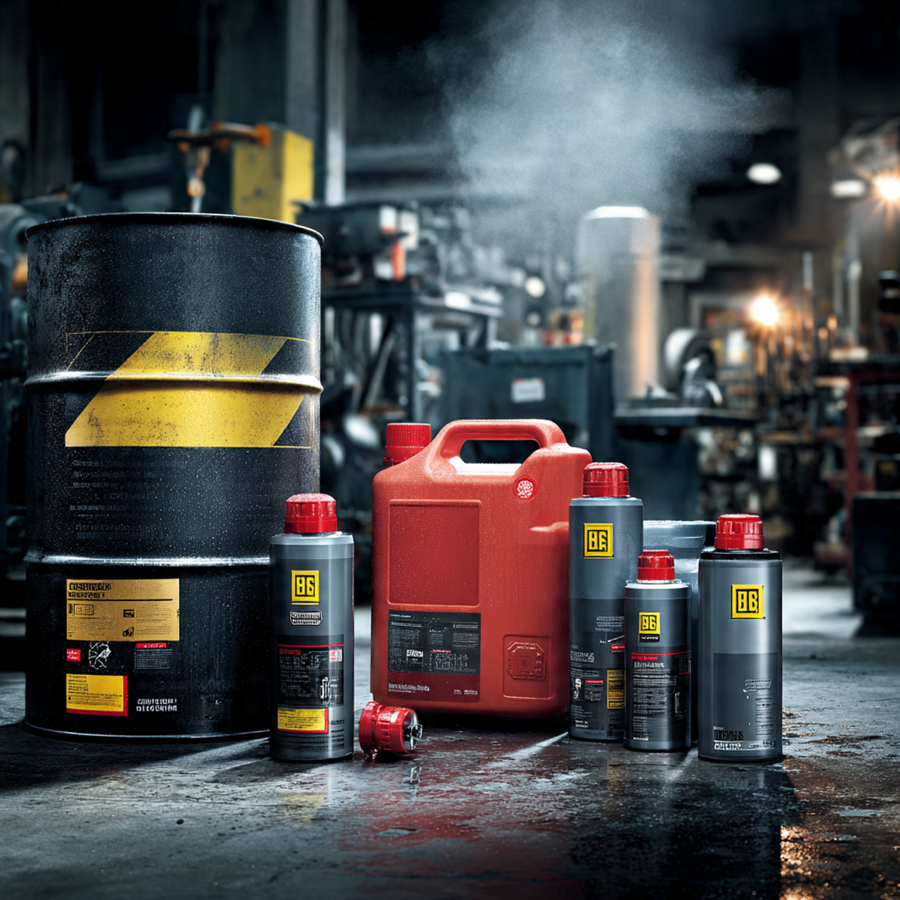 Finished lubricants product packages, shipping containers, and plastic drums ready for commercial distribution