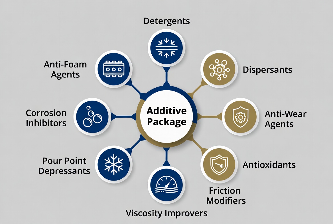 Technical infographic showing the key components of lubricant additive packages including detergents and ZDDP anti-wear agents