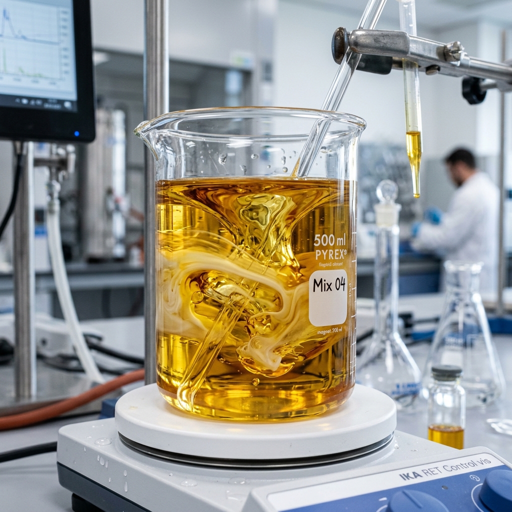 Macro view of a chemical laboratory beaker demonstrating additive solubility and stability in a base oil formulation