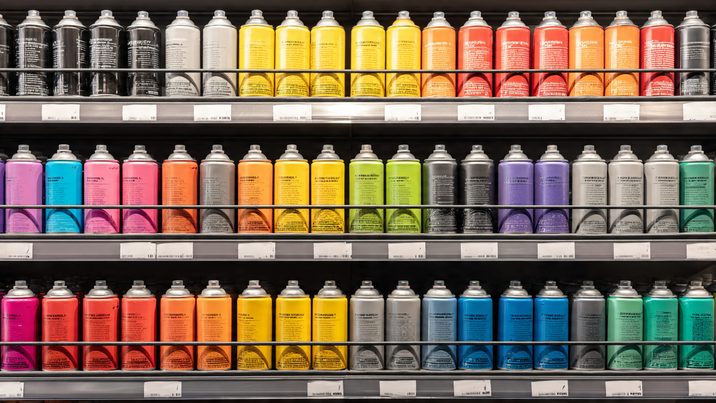 Various aerosol spray cans arranged on retail shelves showing personal care and household applications