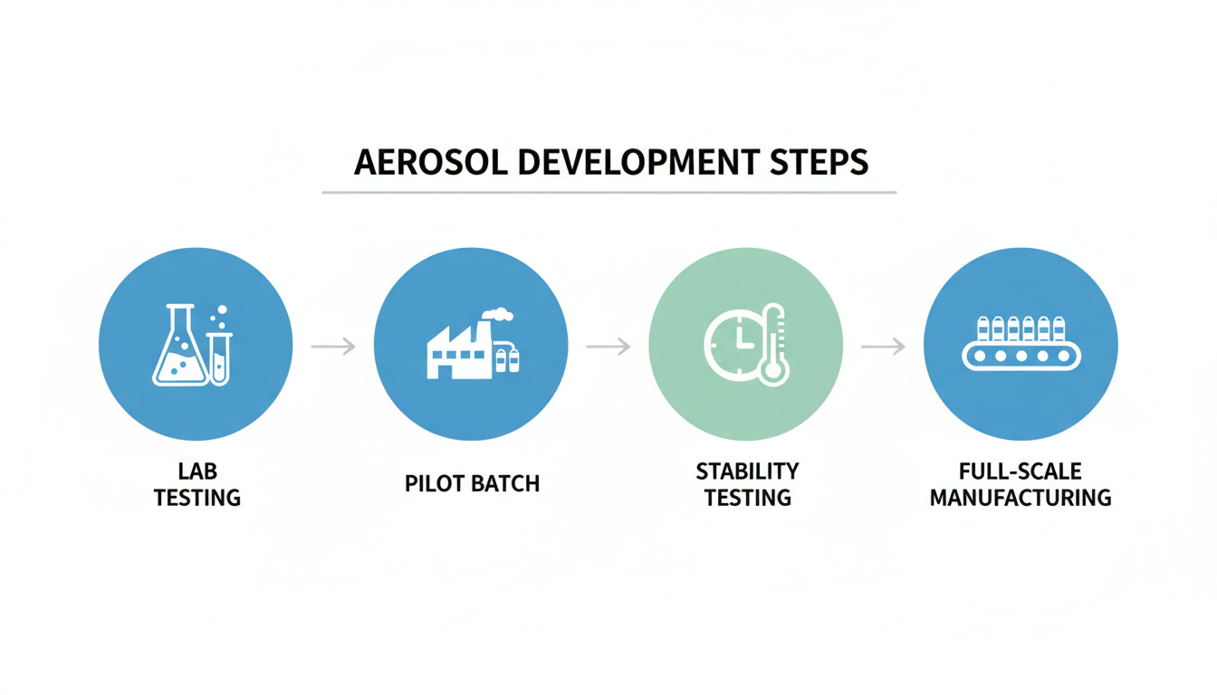 Step-by-step workflow tracking aerosol R&D gassing trials to commercial plant layout setups