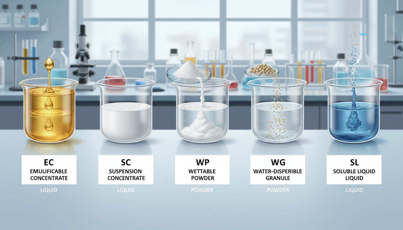 Bottles and packaging representing different pesticide formulations: Emulsifiable Concentrate, Suspension Concentrate, and Wettable Granules
