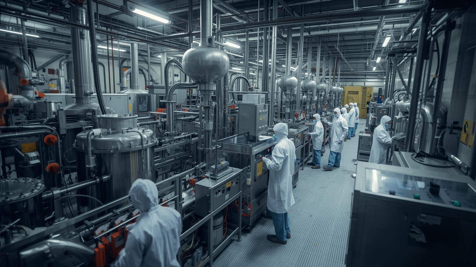 Milling machines, batch mixers, and automated filling machinery inside a chemical manufacturing plant