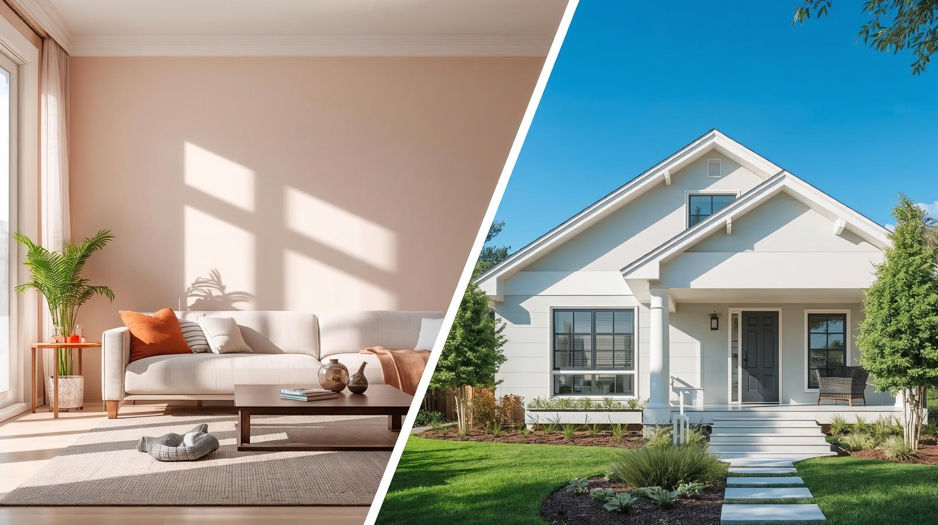 Split image depicting interior painting of a modern living room and exterior painting of a contemporary house, showcasing architectural coating applications