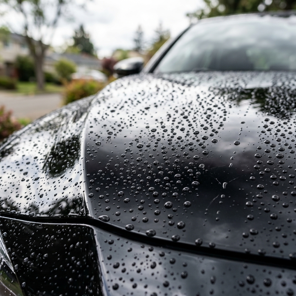 Close-up of a high-gloss vehicle paint finish showing hydrophobic water beading post premium wash