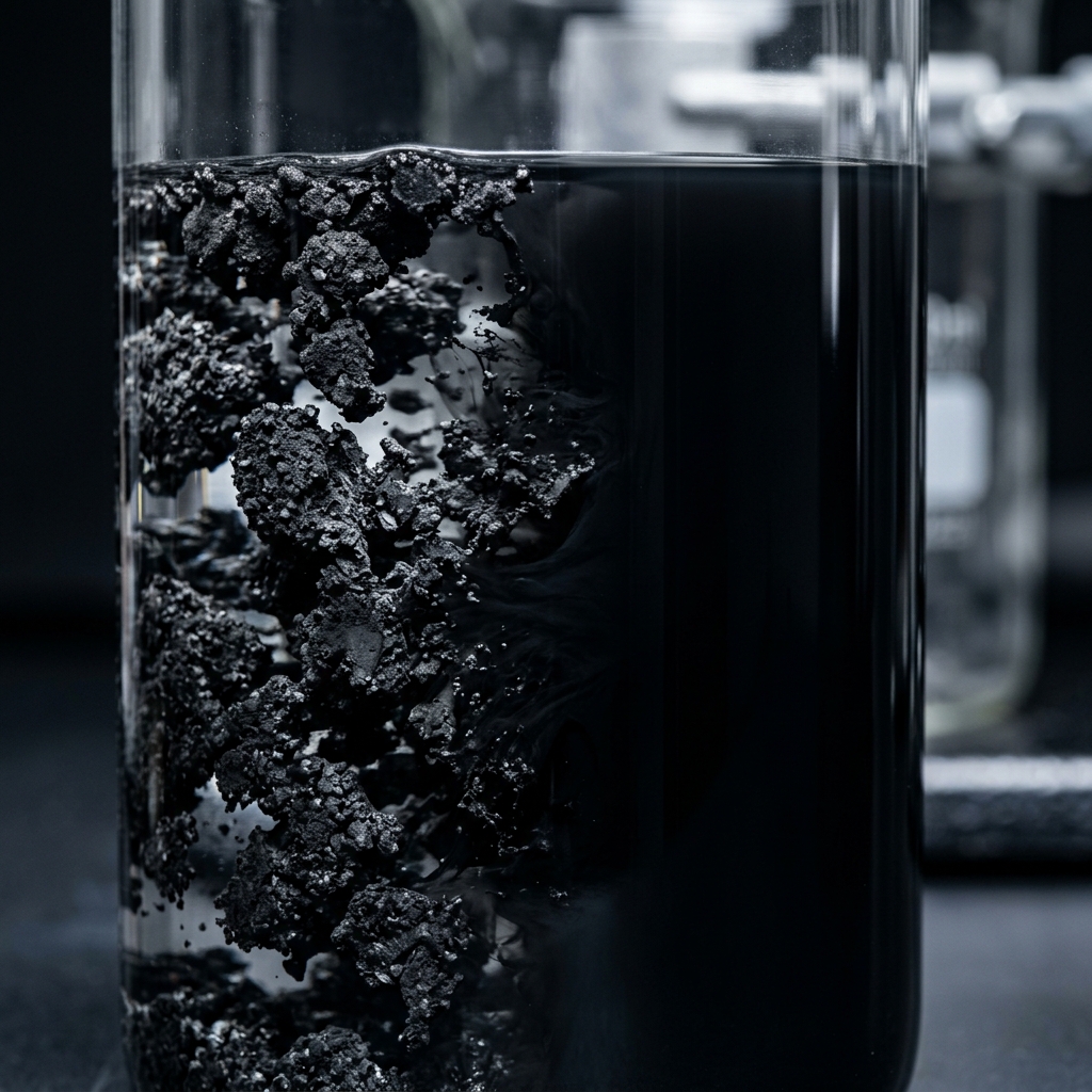 Microscopy-style representation of carbon black pigment particle dispersion and stabilization at sub-micron scale