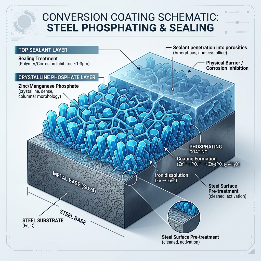 3D schematic cross-section diagram showing metal substrate, phosphate crystal layer, and primer topcoat in a conversion coating system
