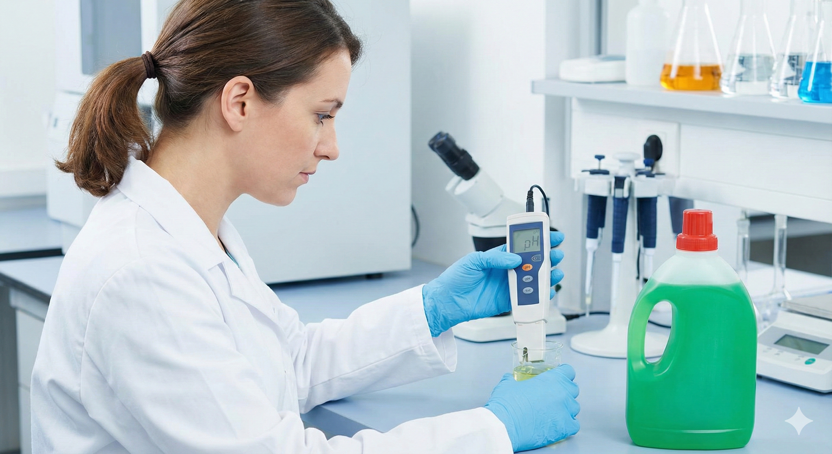 Laboratory bench featuring analytical equipment, colorimeters, pH meters, and calibrated beakers representing scientific formulation development for cleaning chemicals