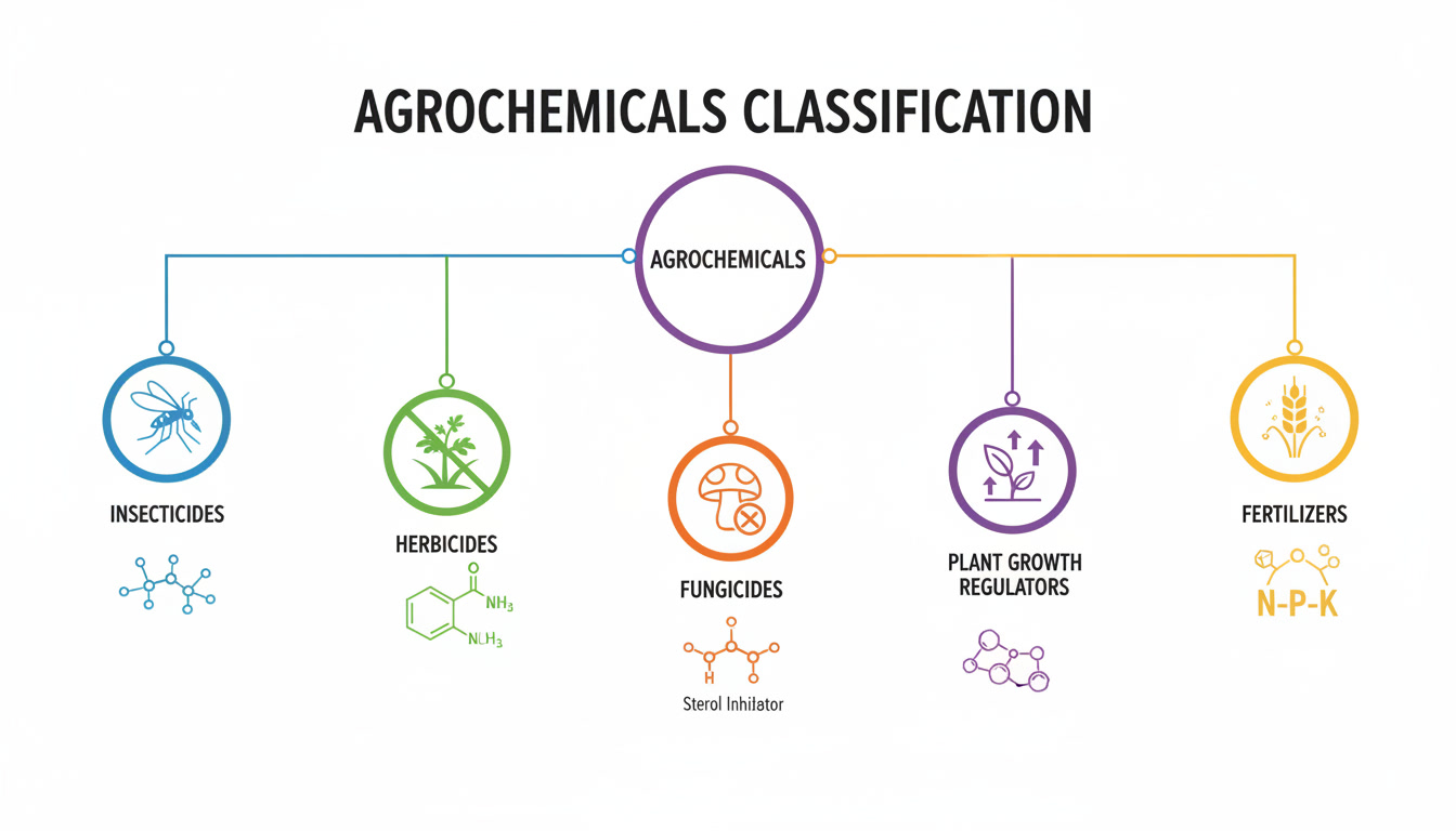 Hierarchical classification chart showing pesticides growth regulators soil treatment and fertilizer classes