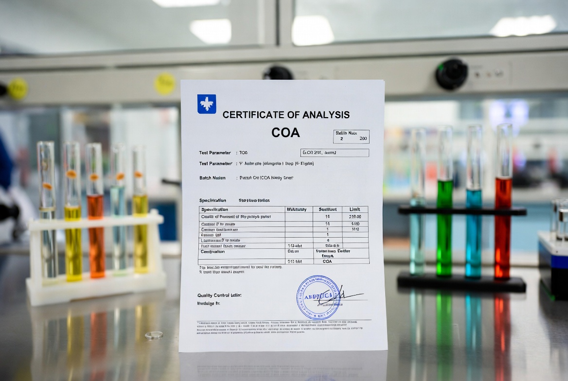 Certificate of Analysis showing batch test results and quality control approval for chemical manufacturing