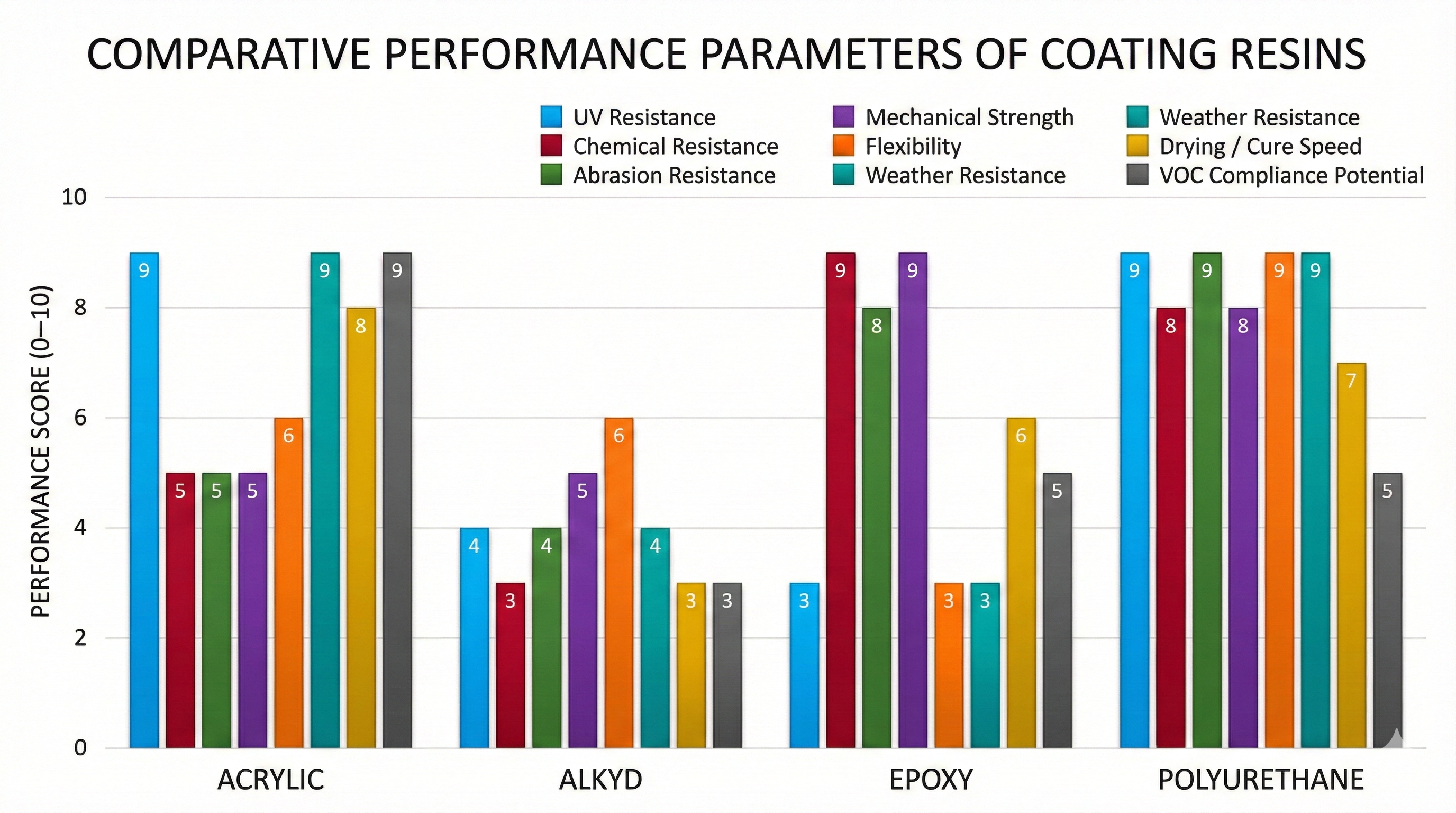 Radar performance comparison chart mapping UV stability, chemical resistance, hardness, and elasticity profiles of the four major resins