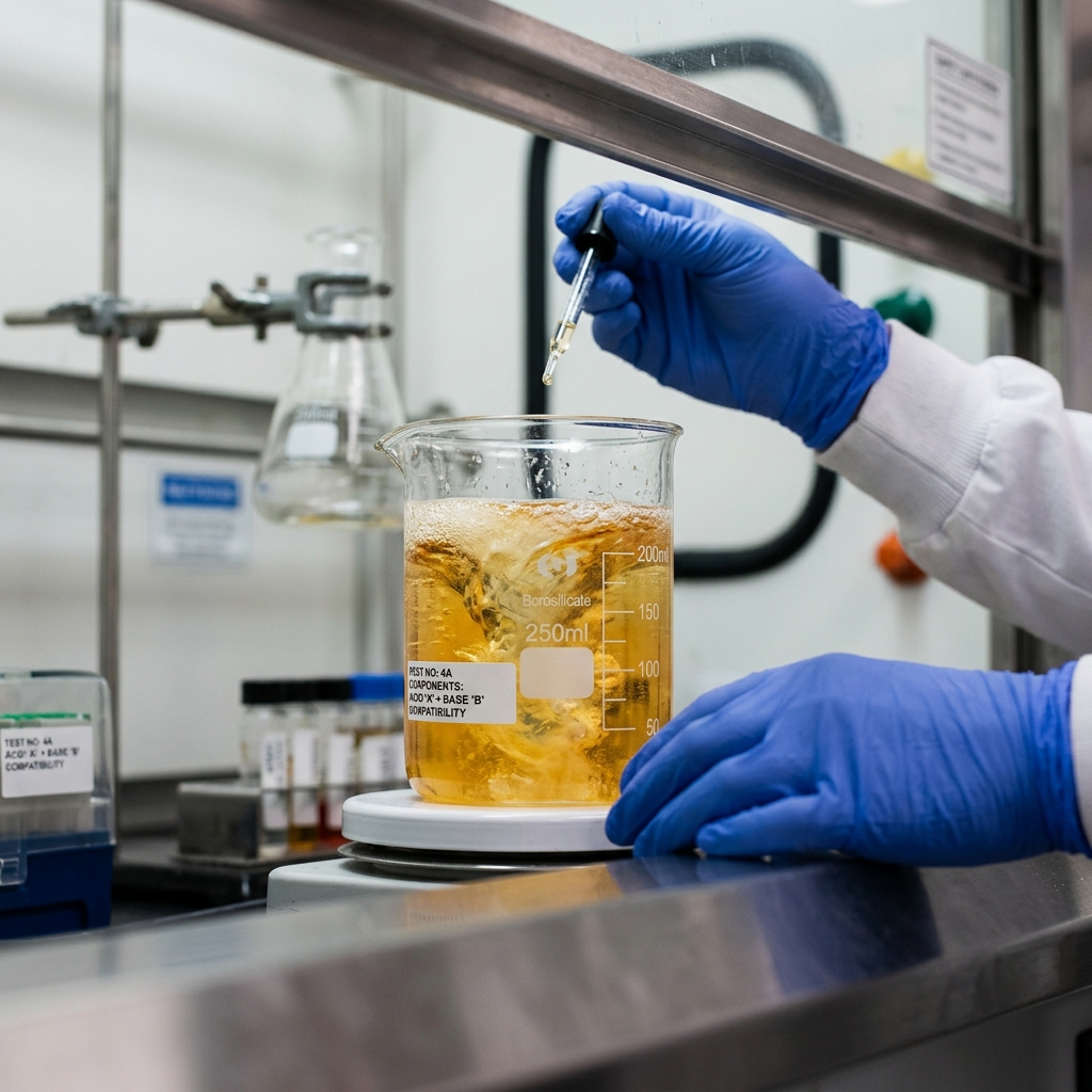 Scientist in personal protective equipment performing chemical compatibility jar testing in a laboratory fume hood before formulation scale-up