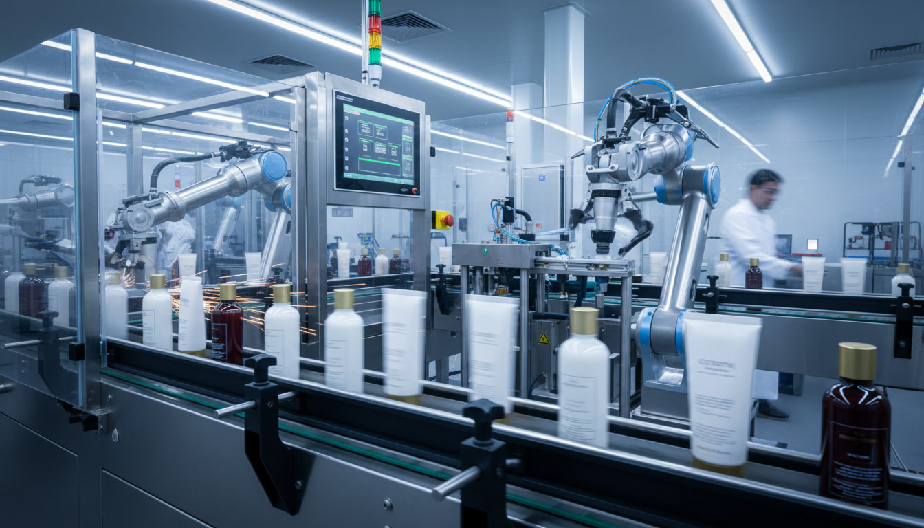 Automated cosmetic filling and packaging line dispensing creams into tubes under high sanitization standards