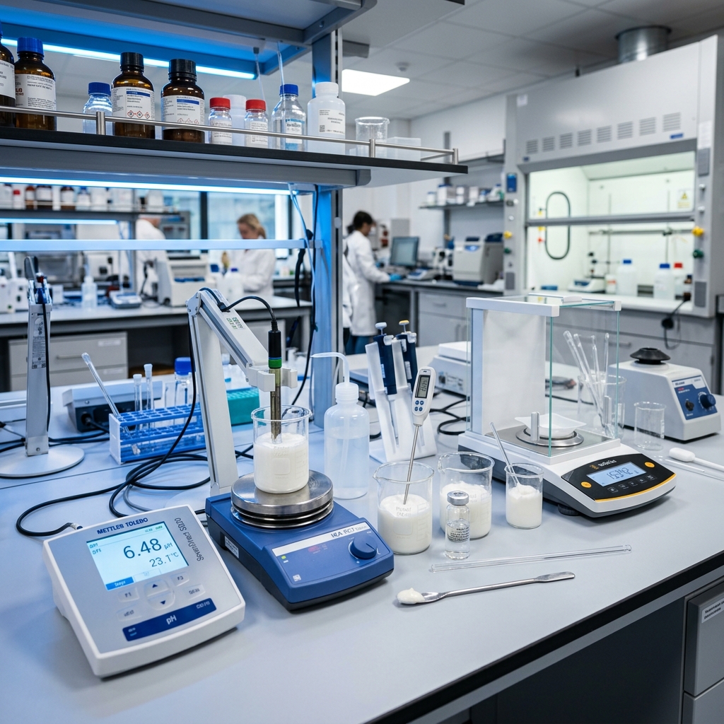 Technical laboratory setup for measuring pH and solubility in cosmetic formulations to ensure preservative efficacy and product integrity.