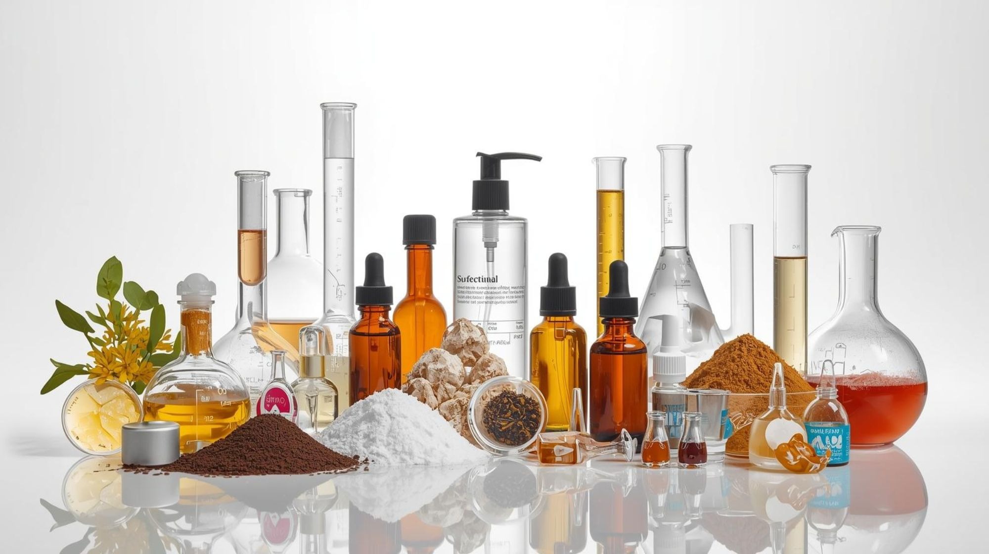 Scientific arrangement of cosmetic raw materials, humectants, natural oils, and chemical formulation components in a laboratory