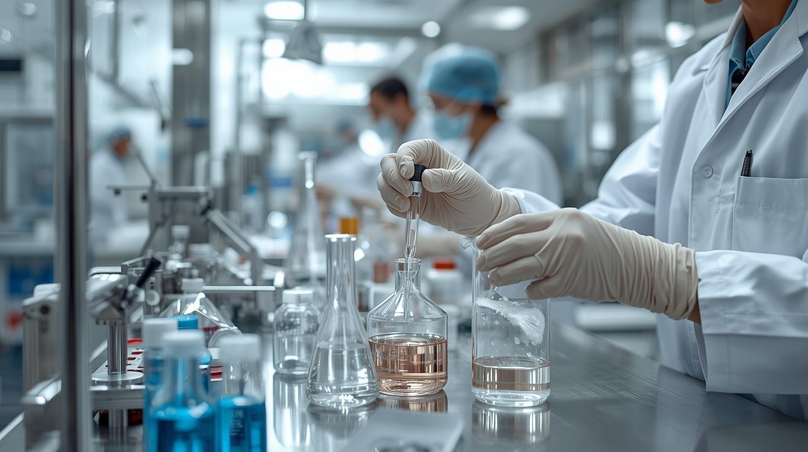 Modern cosmetic R&D laboratory with scientists formulating new products