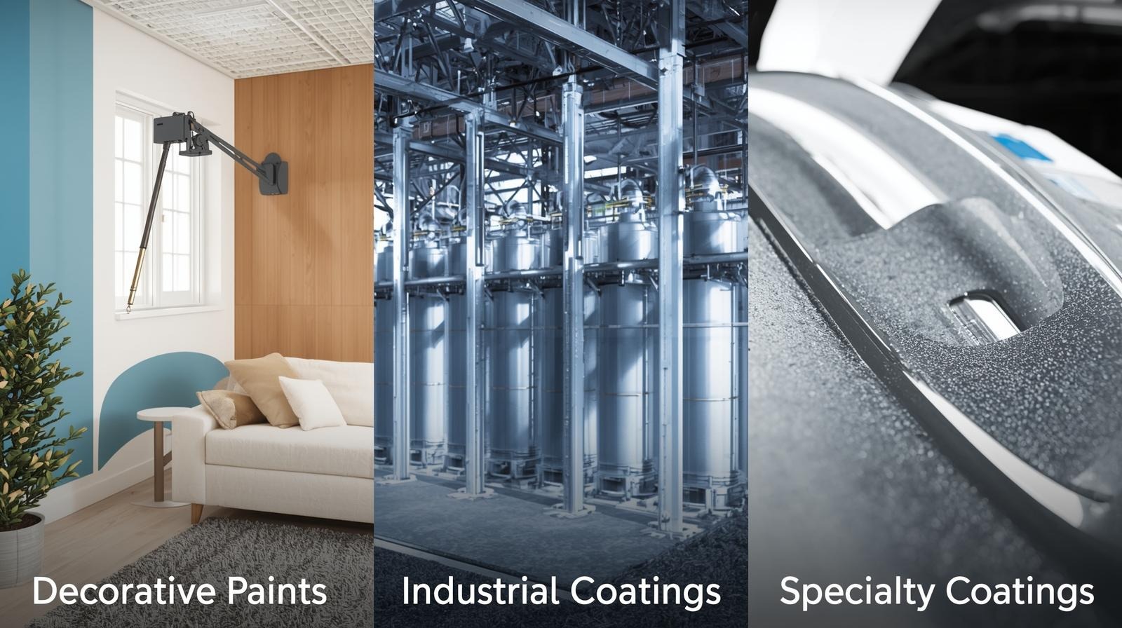 Comprehensive matrix comparing mechanical, chemical, and physical property differences between decorative, industrial, and specialty coatings
